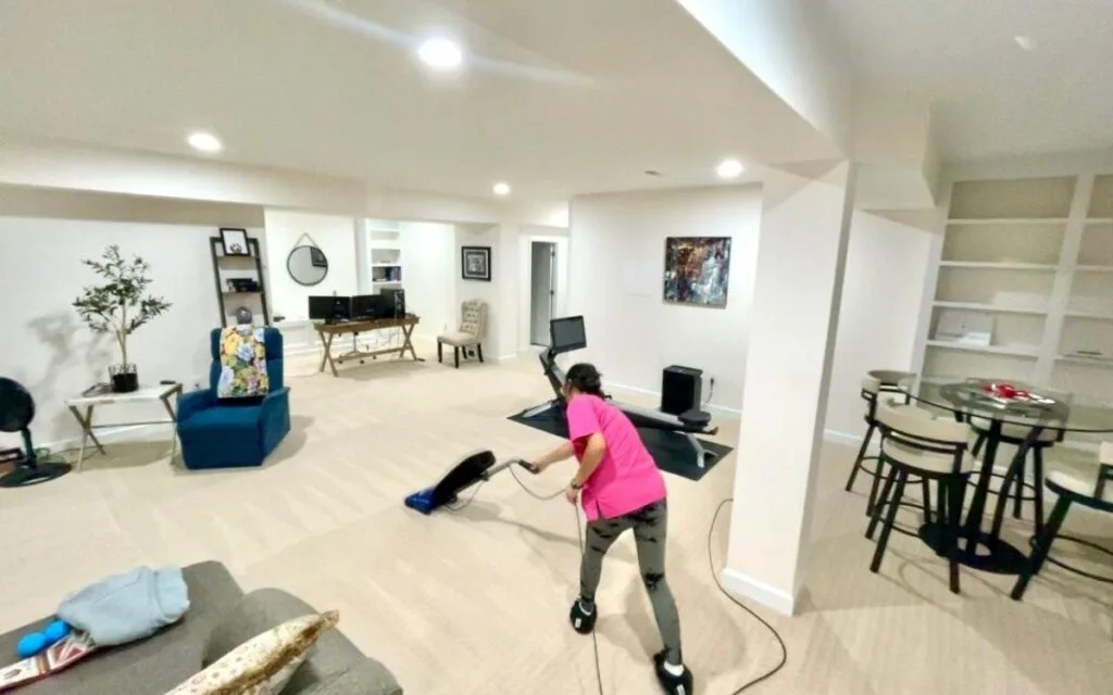 maid service organizing and cleaning a modern home office