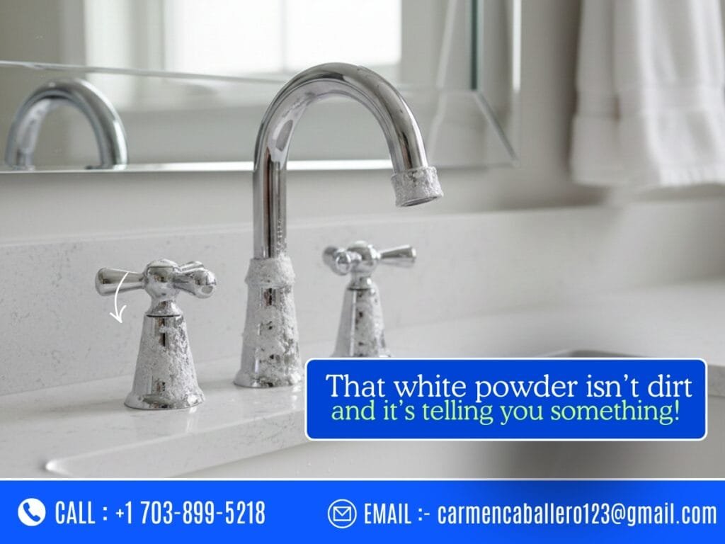 White mineral buildup around bathroom faucet in Fairfax VA