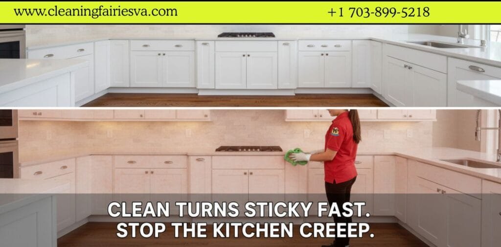 A specialized cleaning view showing how airborne kitchen oils settle on surfaces and how Cleaning Fairies VA removes them.