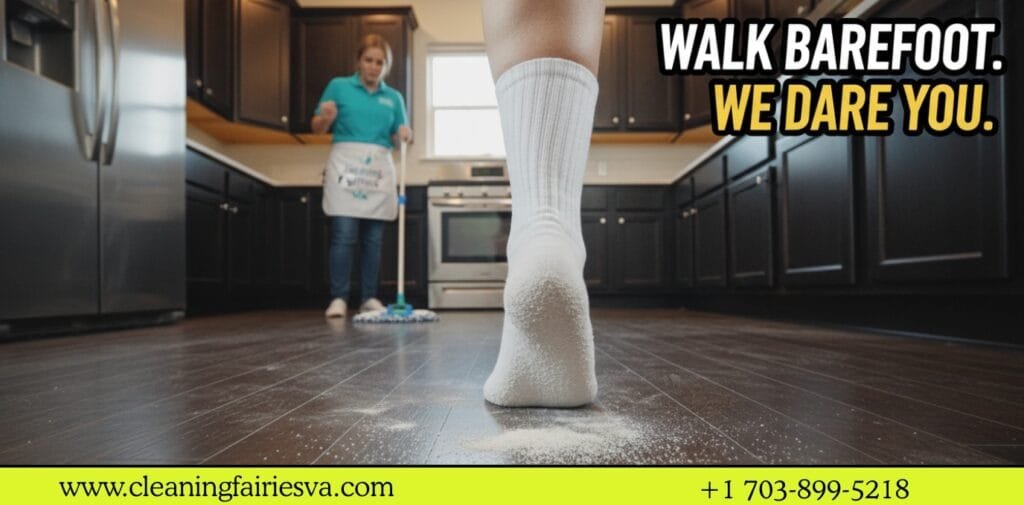 Homeowner showing white socks ruined by hidden construction dust on a new hardwood floor in Northern Virginia.