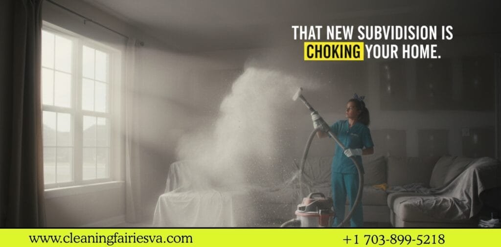 Reassuring Cleaning Fairies VA professional in a teal uniform explaining to a frustrated homeowner how nearby construction causes rapid dust return.