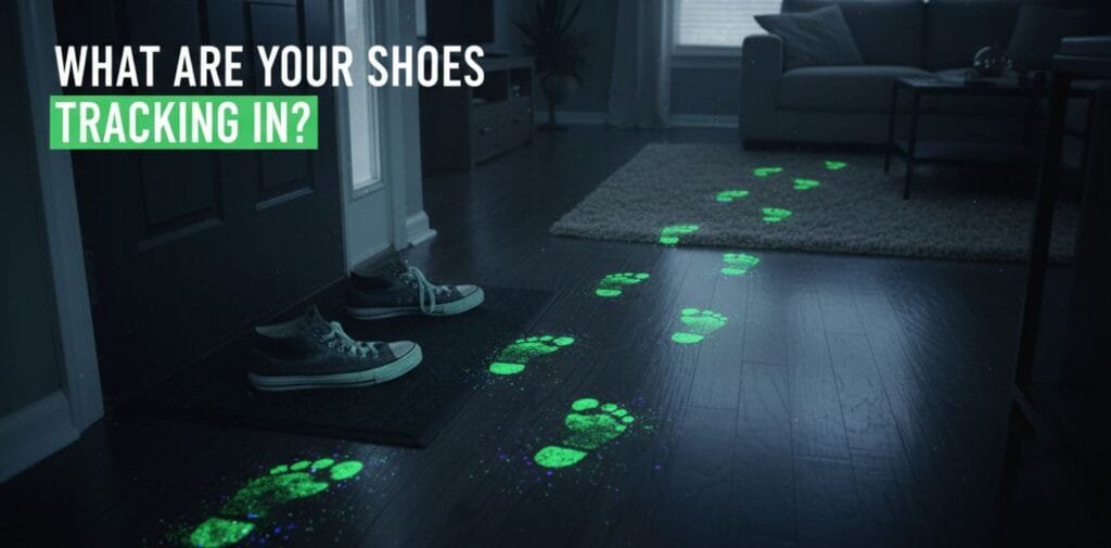 Split view of a messy entryway and a spotless, welcoming foyer being organized by a Cleaning Fairies VA professional in a teal uniform.