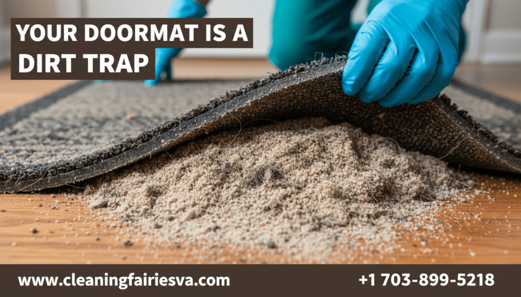 UV light revealing glowing toxic footprints and bacteria tracked across a hardwood entryway floor in a Northern Virginia home.