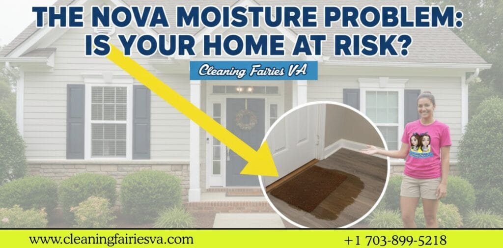 A suburban home in Northern Virginia with a magnified view of a damp entryway corner, featuring a Cleaning Fairies cleaner in a pink shirt.