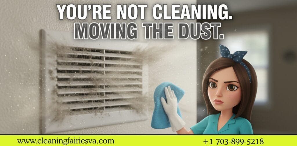Cleaning Fairies VA professional in a teal uniform identifying a dusty air return vent as the source of dust redistribution in a Leesburg home.
